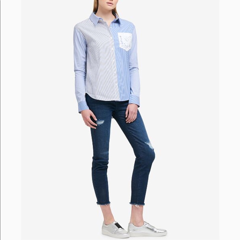 DKNY
Mixed-Stripe Lace-Pocket Shirt
